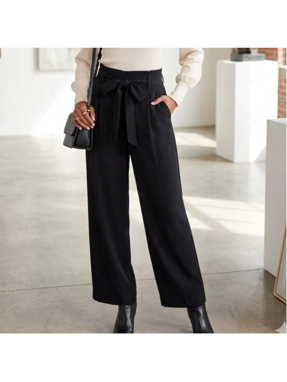 Zara Black High Waisted Belted Wide Leg Trousers Pleated Paperbag Pants M 1551